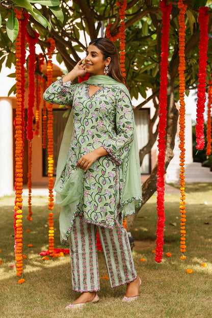 Mint Green Cotton Handblock Embroidered Kurta Set with Dupatta