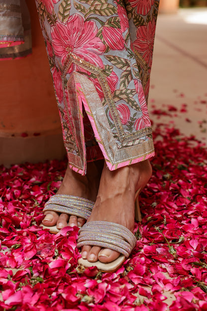 Pastel Blue & Pink Elegance Gota Handblock Cotton Suit Set with Dupatta