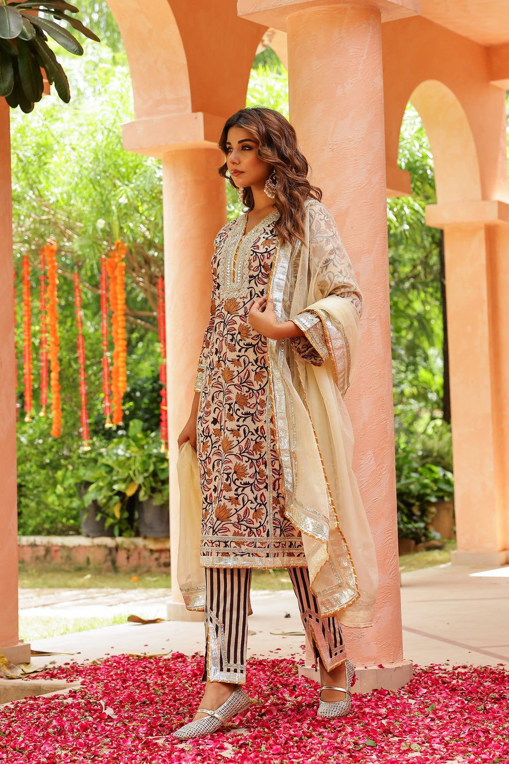 Ivory Elegance Gota Handblock Cotton Suit Set with Dupatta
