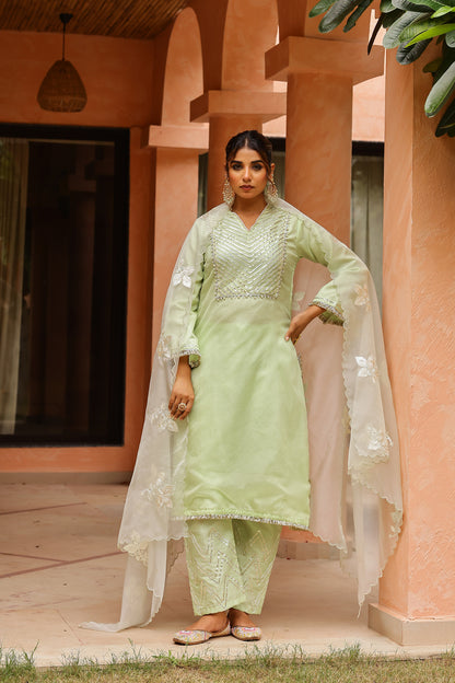 Fresh Mint Radiance Organza Kurta Set with Intricate Gota Embroidered Dupatta