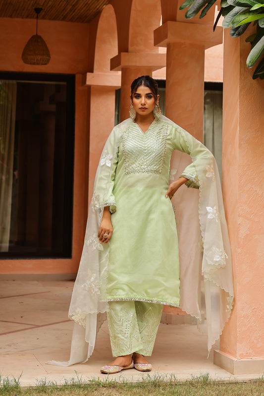 Fresh Mint Radiance Organza Kurta Set with Intricate Gota Embroidered Dupatta