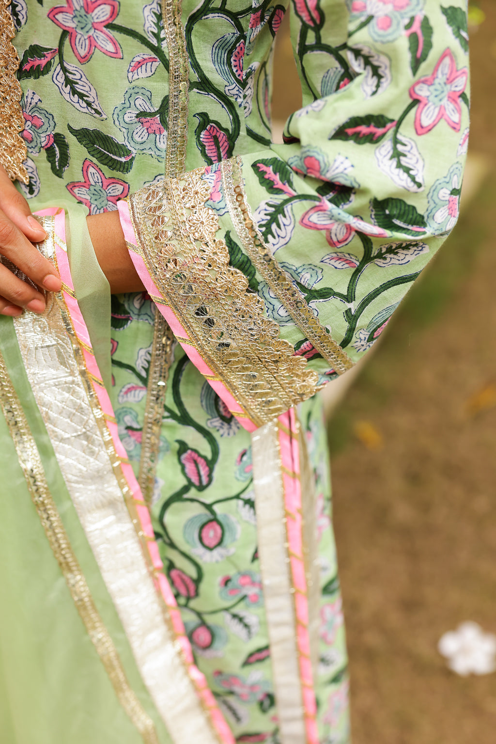 Mint Green Floral Festive Gota Handblock Cotton Suit Set with Dupatta