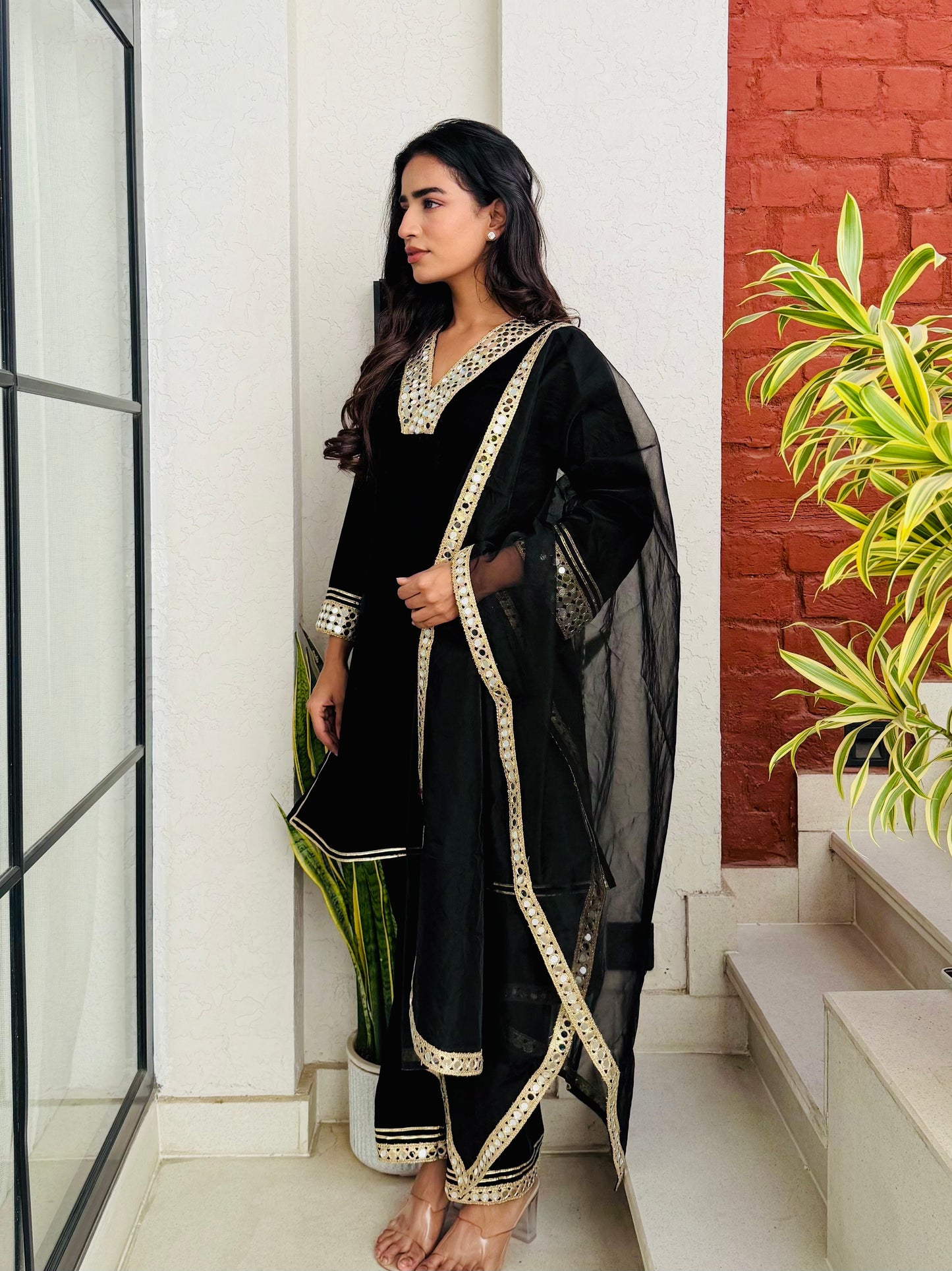Black Sheen Velvet Suit Set
