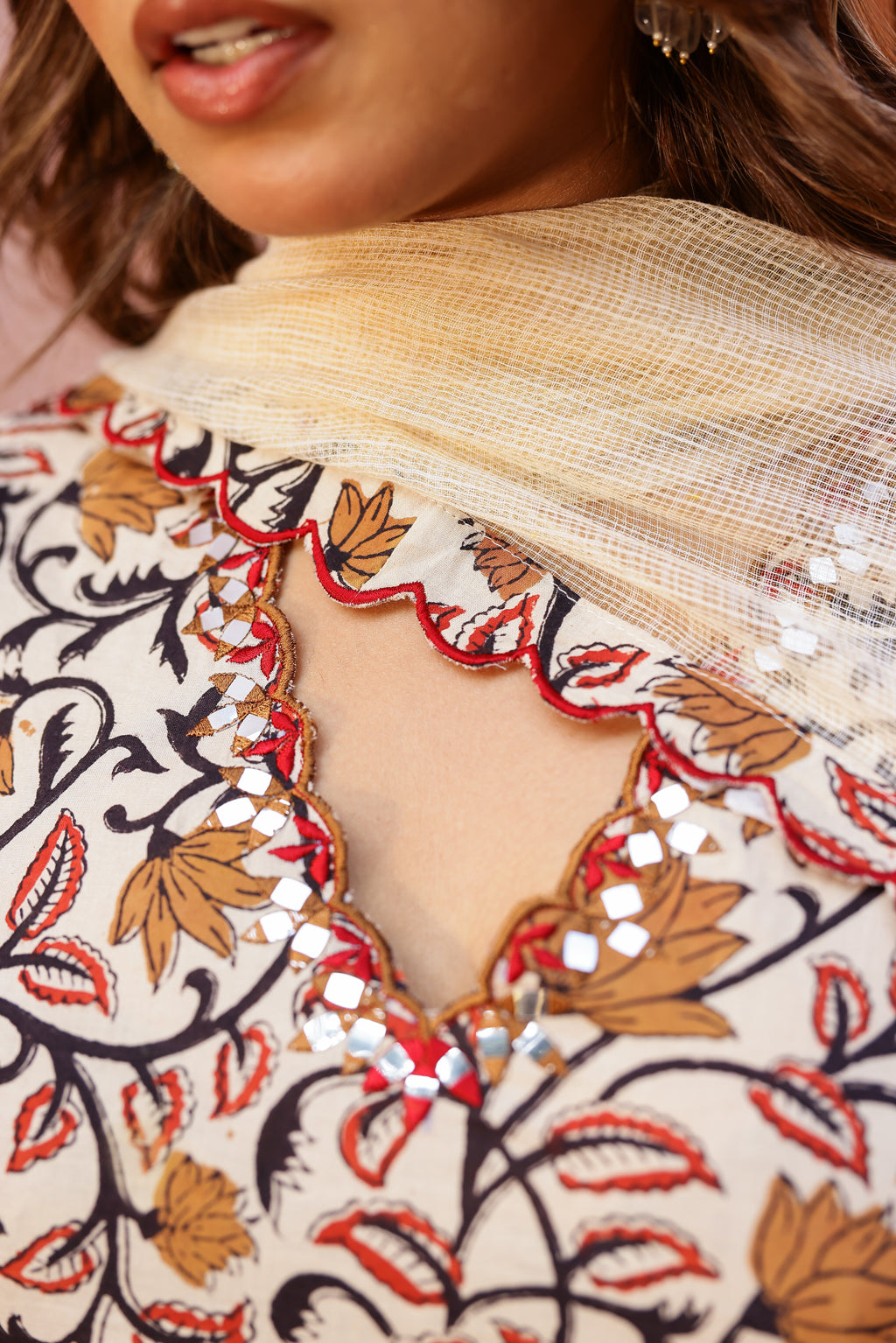 Ivory Floral Cotton Handblock Embroidered Kurta Set with Dupatta