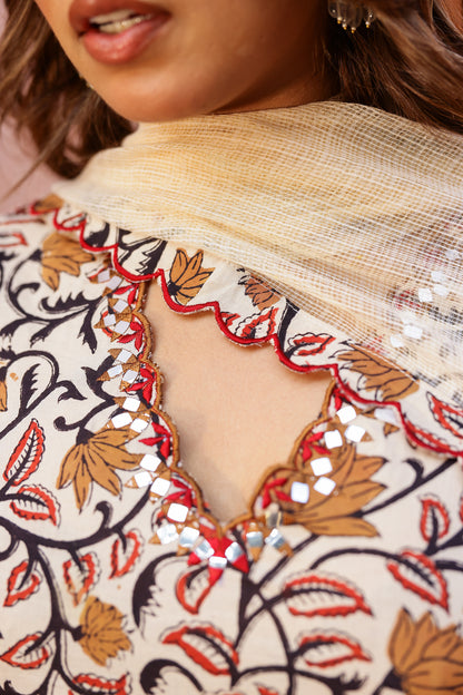 Ivory Floral Cotton Handblock Embroidered Kurta Set with Dupatta