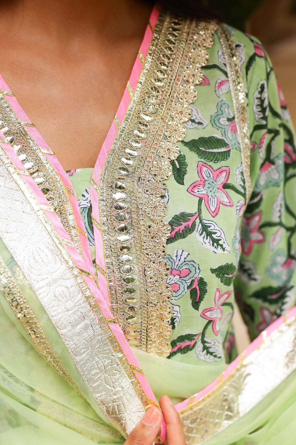 Mint Green Floral Festive Gota Handblock Cotton Suit Set with Dupatta