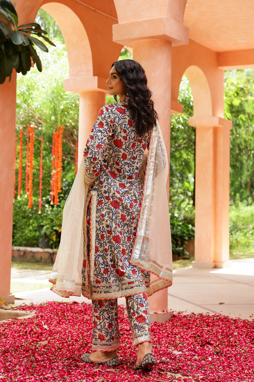 Cream Pink Bloom Elegance Gota Handblock Cotton Suit Set with Dupatta