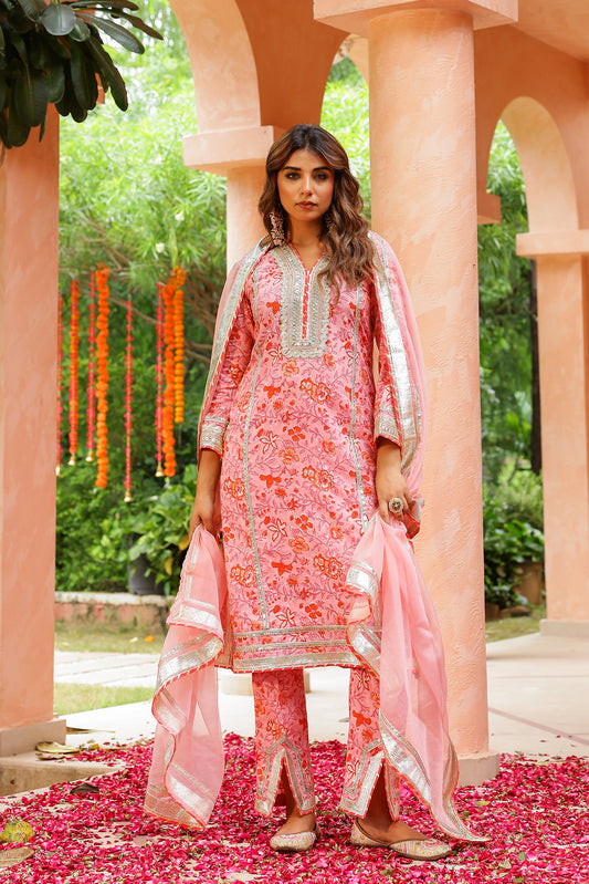 Powder Pink Festive Gota Handblock Cotton Suit Set with Dupatta