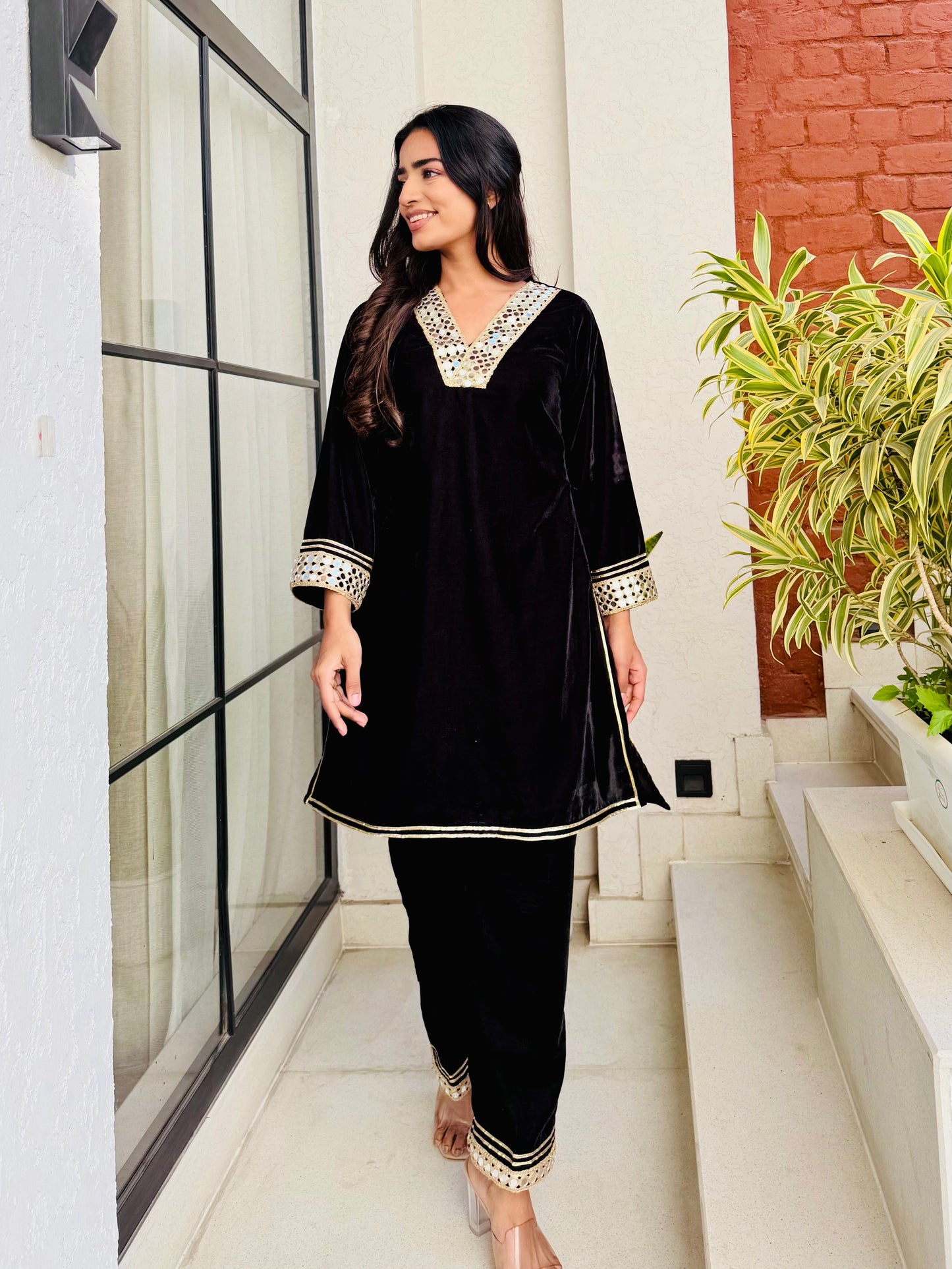 Black Sheen Velvet Suit Set