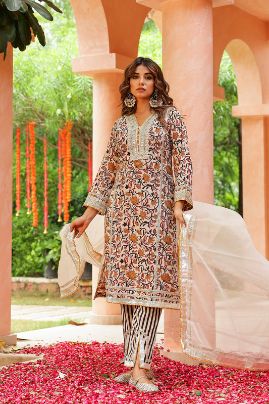 Ivory Elegance Gota Handblock Cotton Suit Set with Dupatta