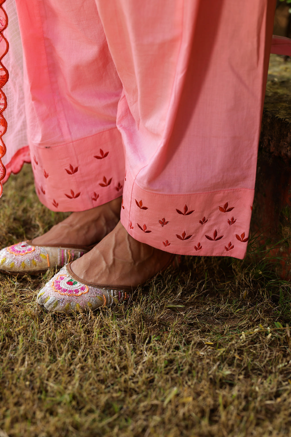 Powder Pink Blossom Cotton Handblock Embroidered Kurta Set with Dupatta