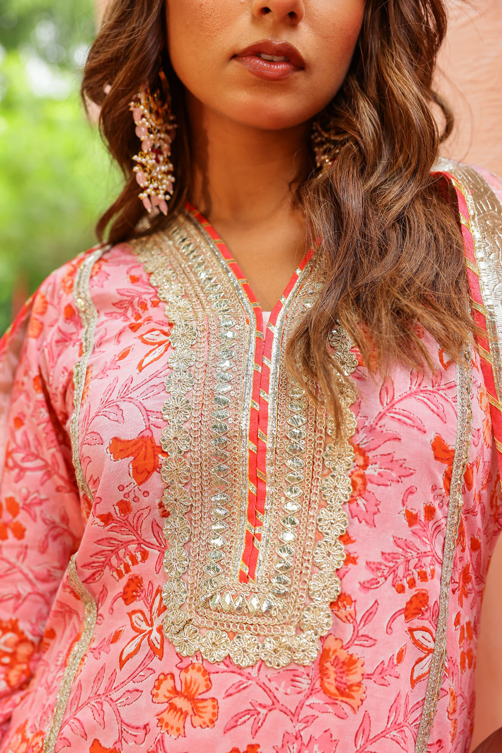 Powder Pink Festive Gota Handblock Cotton Suit Set with Dupatta