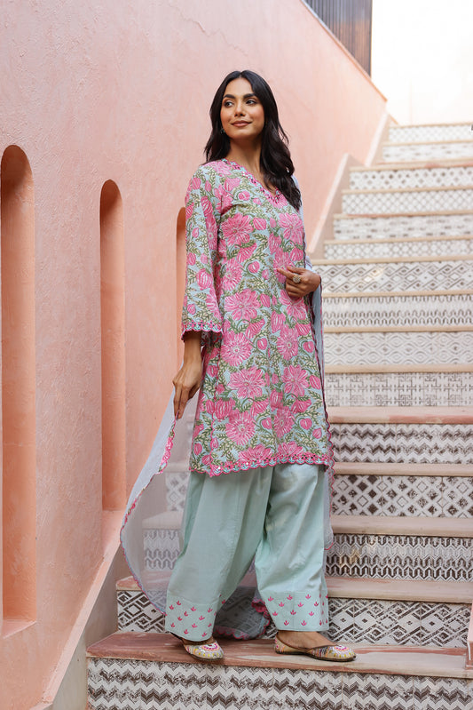 Powder Blue & Rose Glow Cotton Handblock Embroidered Kurta Set with Dupatta