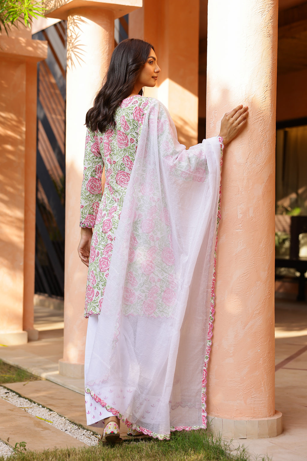 Pink Rose Cotton Handblock Embroidered Kurta Set with Dupatta