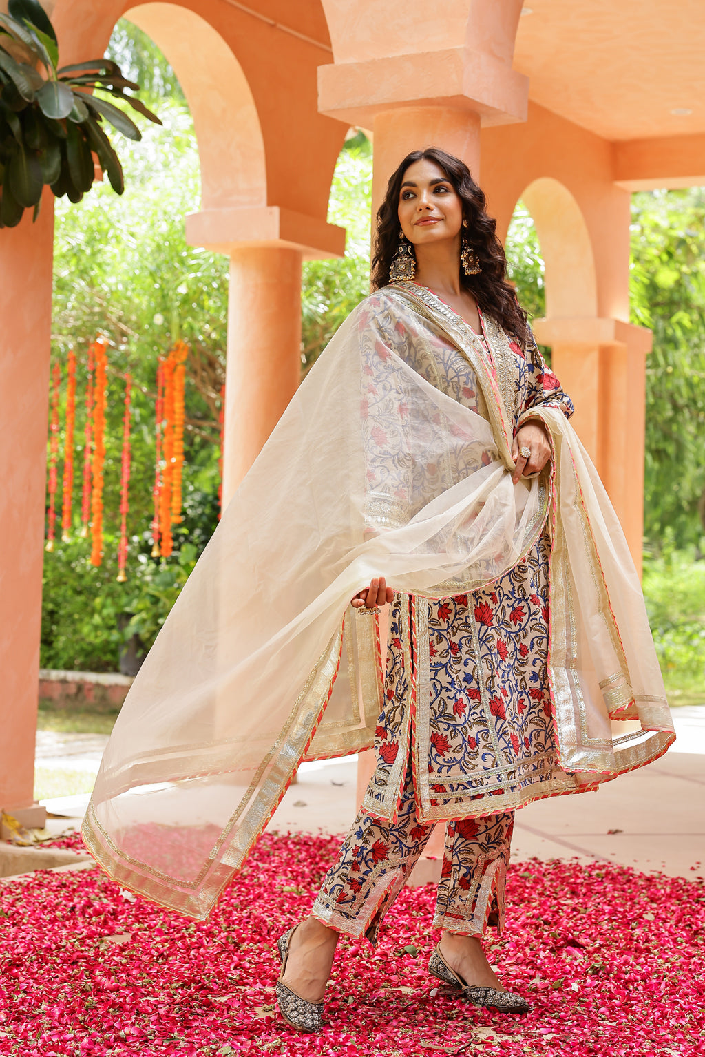 Cream Pink Bloom Elegance Gota Handblock Cotton Suit Set with Dupatta