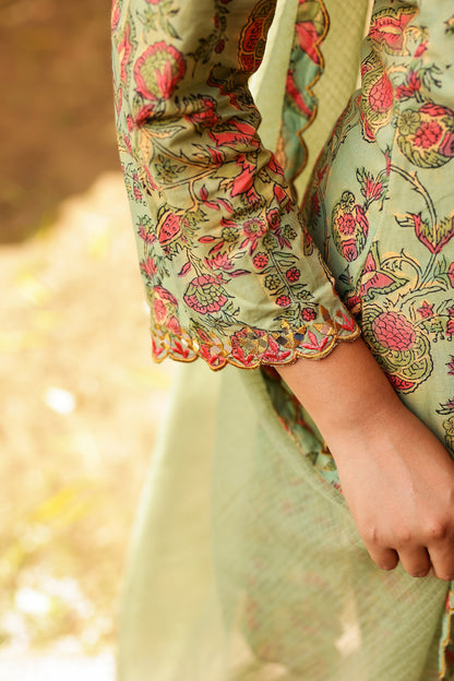 Sage Green Cotton Handblock Embroidered Kurta Set with Dupatta