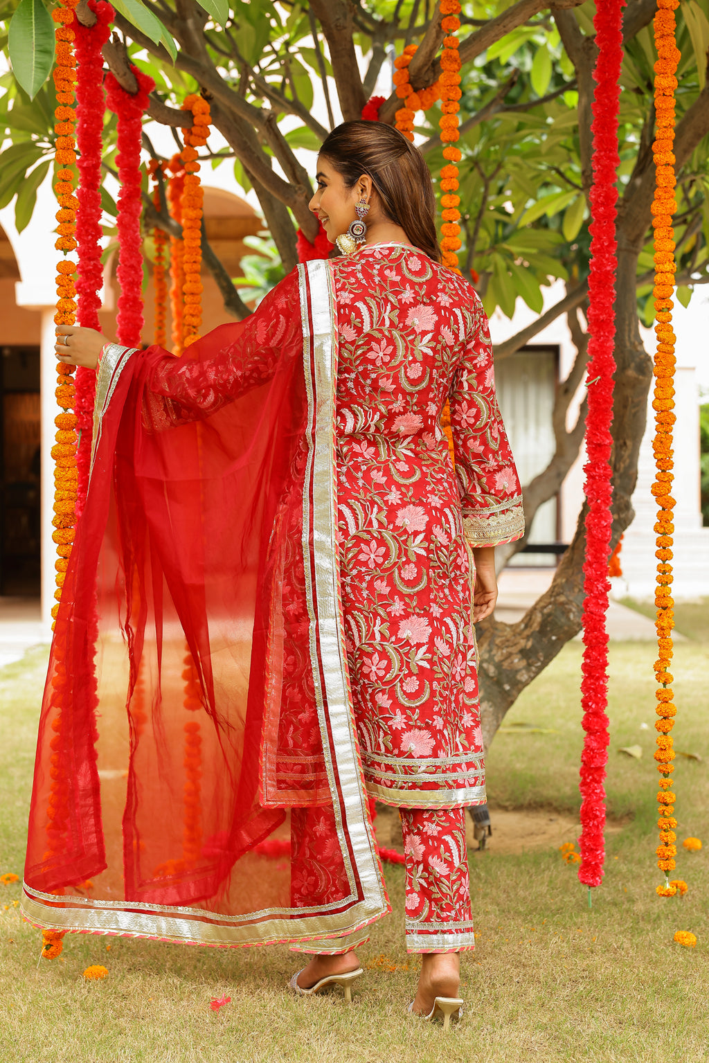 Regal Red Festive Gota Handblock Cotton Suit Set with Dupatta