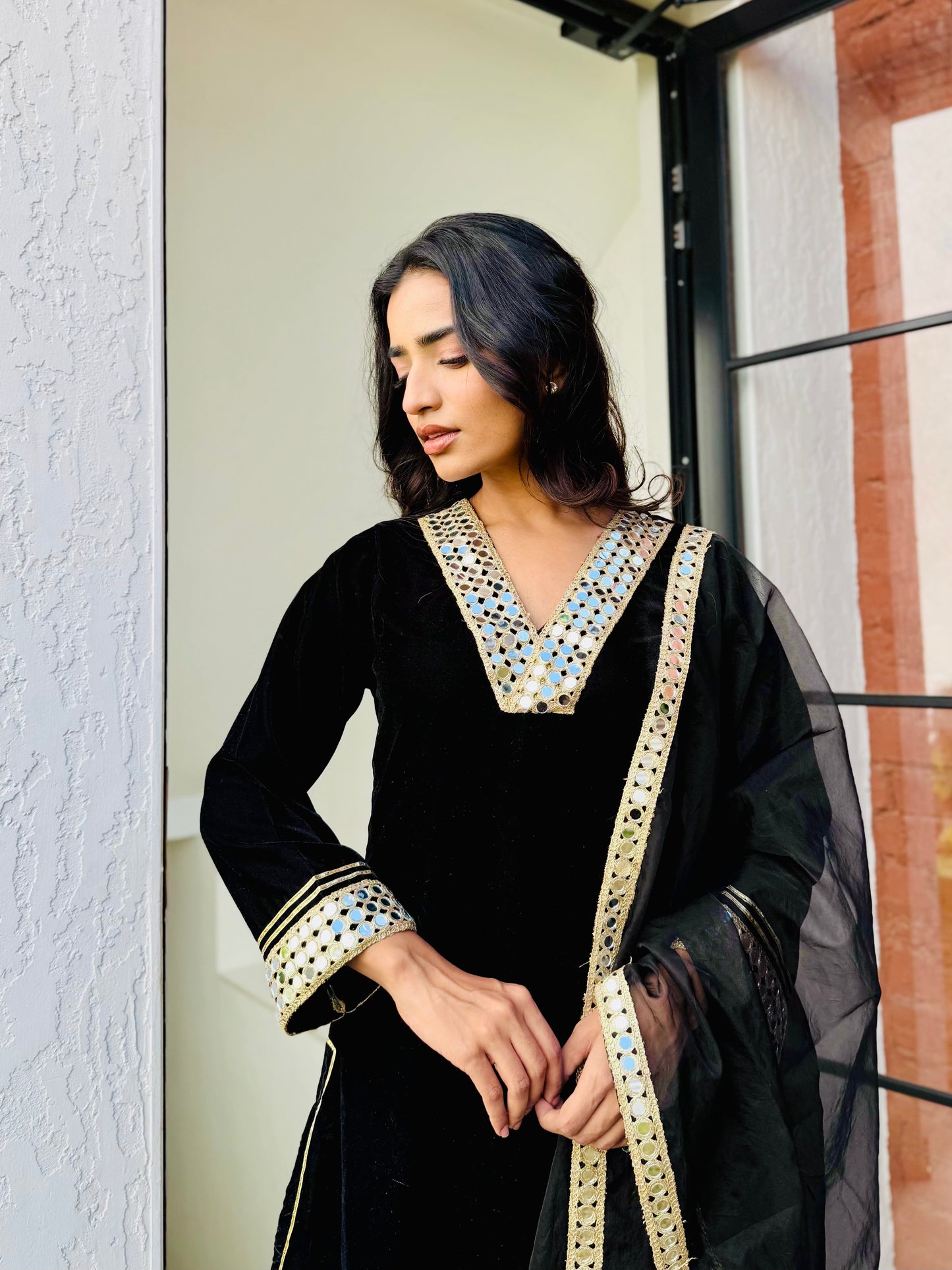 Black Sheen Velvet Suit Set