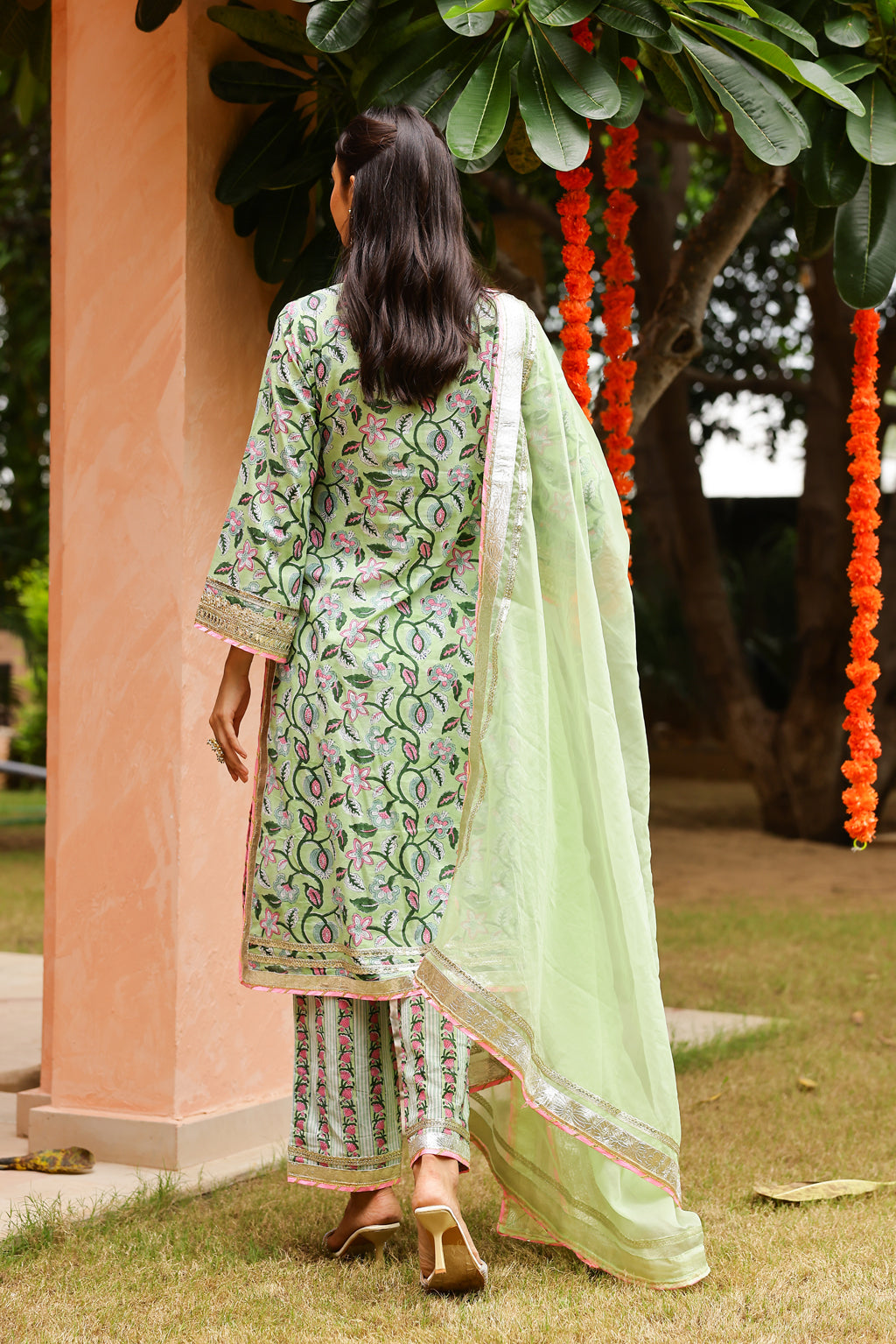 Mint Green Floral Festive Gota Handblock Cotton Suit Set with Dupatta