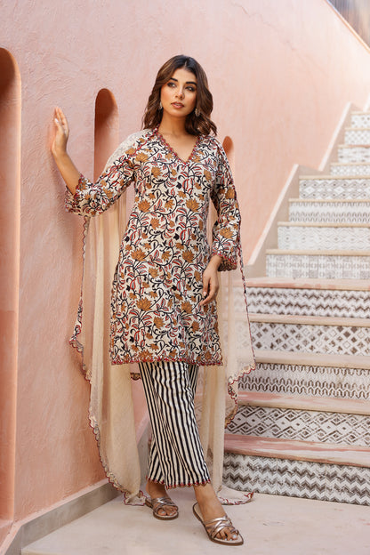 Ivory Floral Cotton Handblock Embroidered Kurta Set with Dupatta