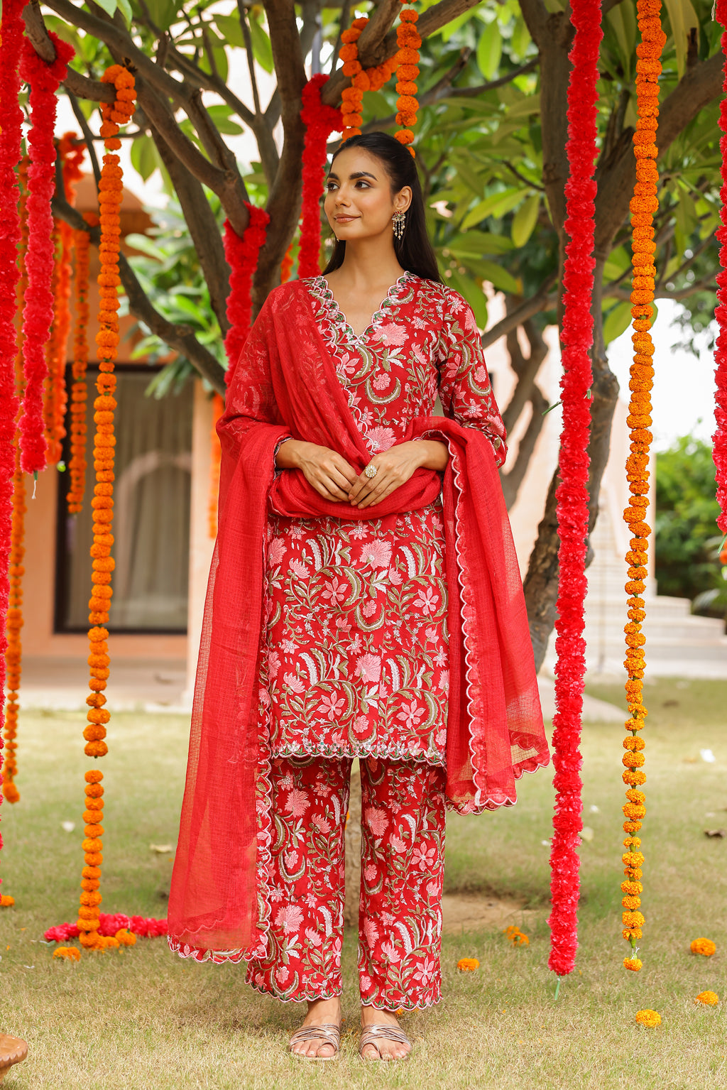 Cherry Red Floral Cotton Handblock Embroidered Kurta Set with Dupatta