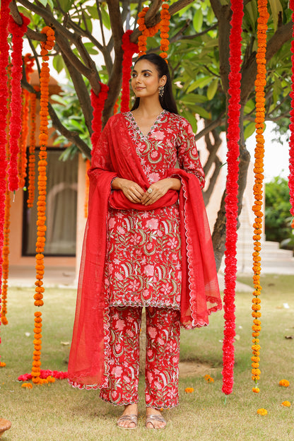 Cherry Red Floral Cotton Handblock Embroidered Kurta Set with Dupatta