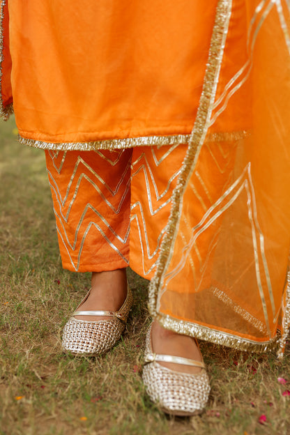 Festive Marigold Organza Kurta Set with Gota Work and Dupatta