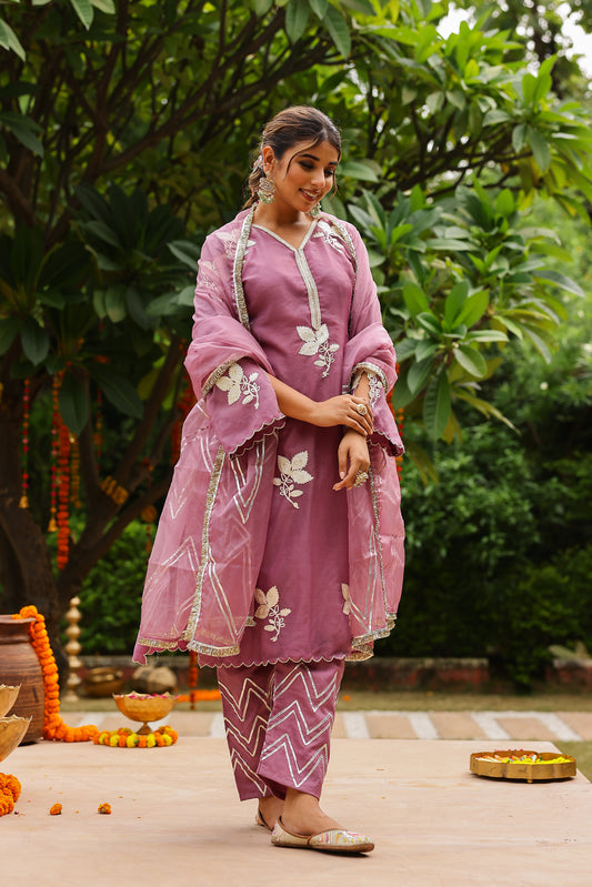 Orchid Glow Organza Kurta Set with Gota Work and Dupatta