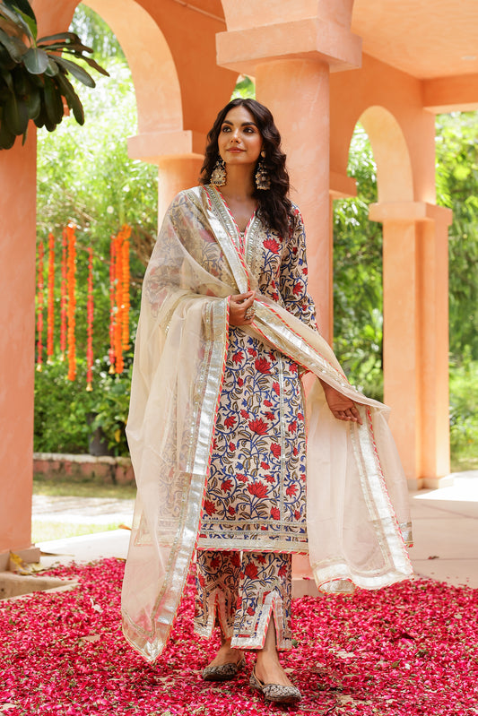 Cream Pink Bloom Elegance Gota Handblock Cotton Suit Set with Dupatta
