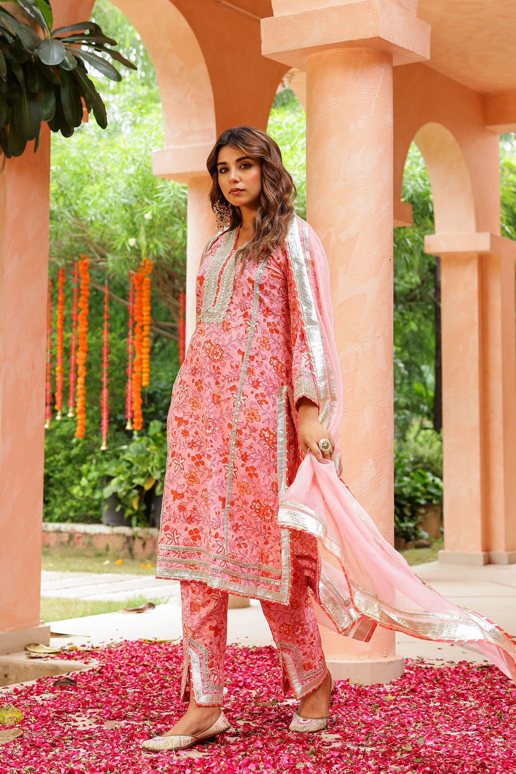 Powder Pink Festive Gota Handblock Cotton Suit Set with Dupatta