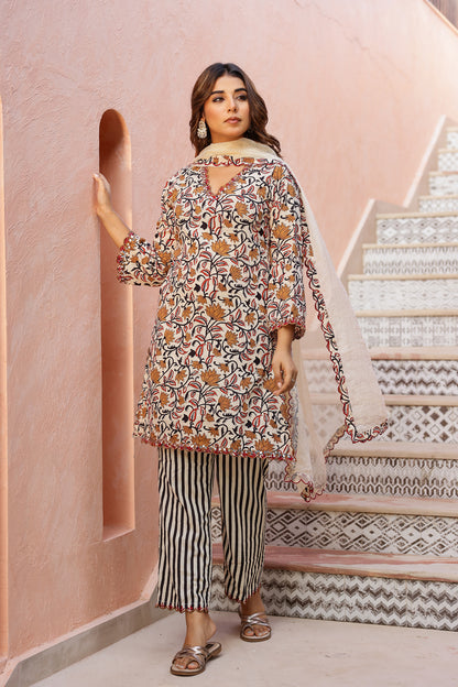 Ivory Floral Cotton Handblock Embroidered Kurta Set with Dupatta
