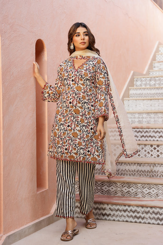 Ivory Floral Cotton Handblock Embroidered Kurta Set with Dupatta