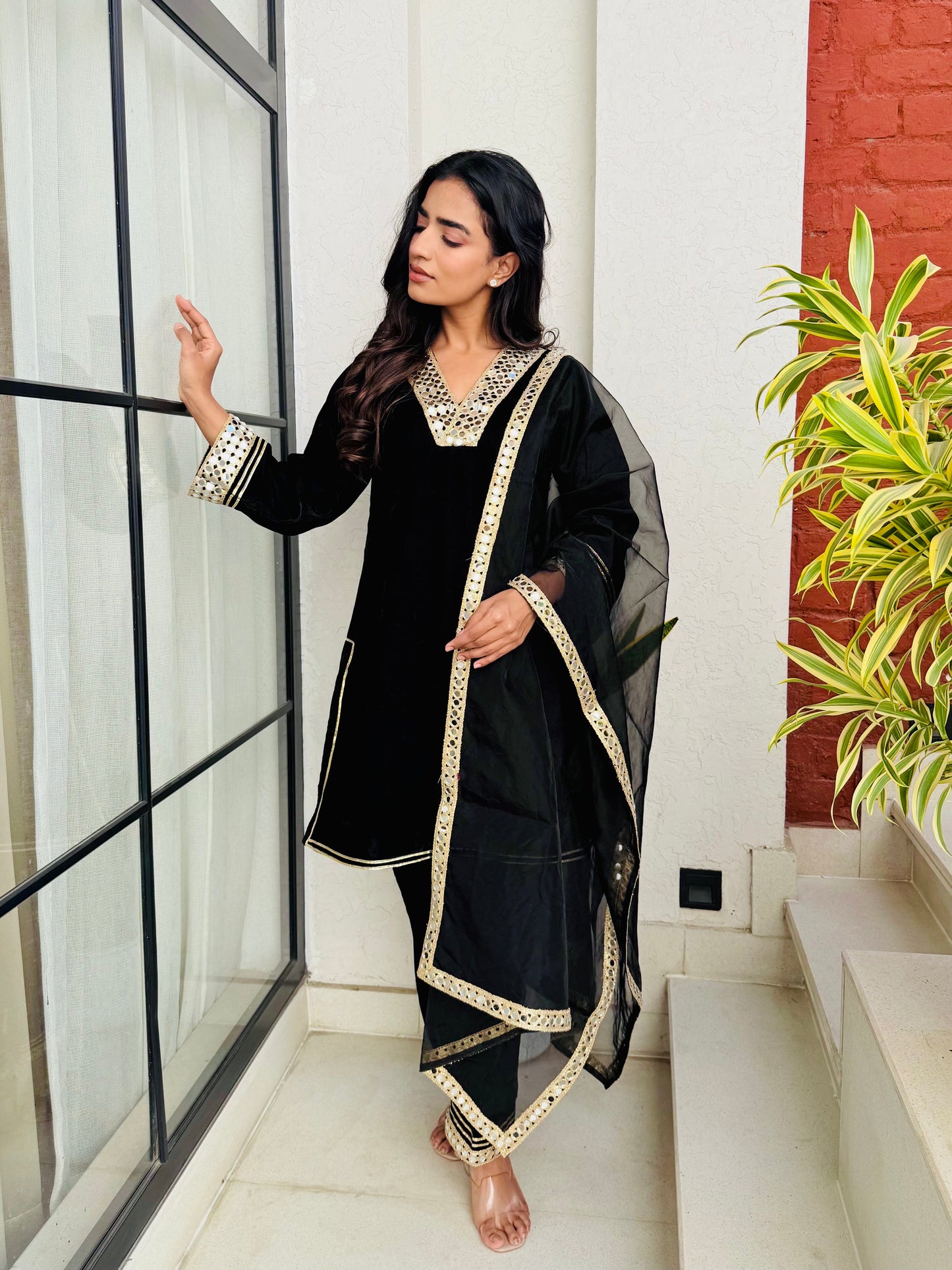 Black Sheen Velvet Suit Set