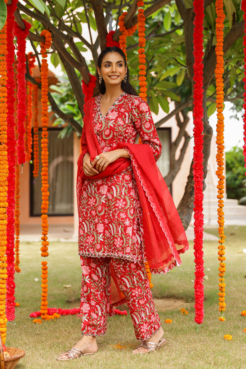 Cherry Red Floral Cotton Handblock Embroidered Kurta Set with Dupatta