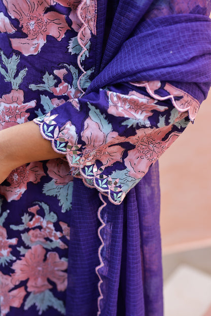 Royal Indigo Cotton Handblock Embroidered Kurta Set with Dupatta