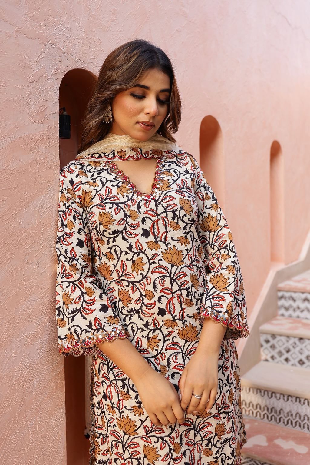 Ivory Floral Cotton Handblock Embroidered Kurta Set with Dupatta
