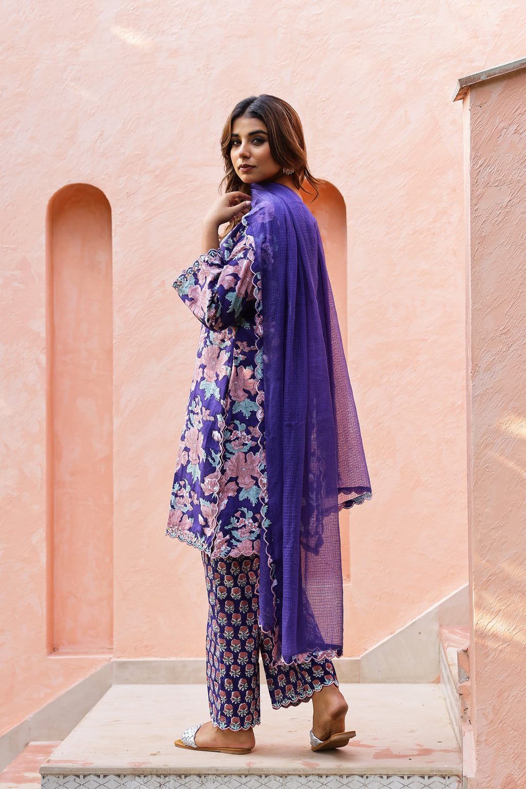 Royal Indigo Cotton Handblock Embroidered Kurta Set with Dupatta