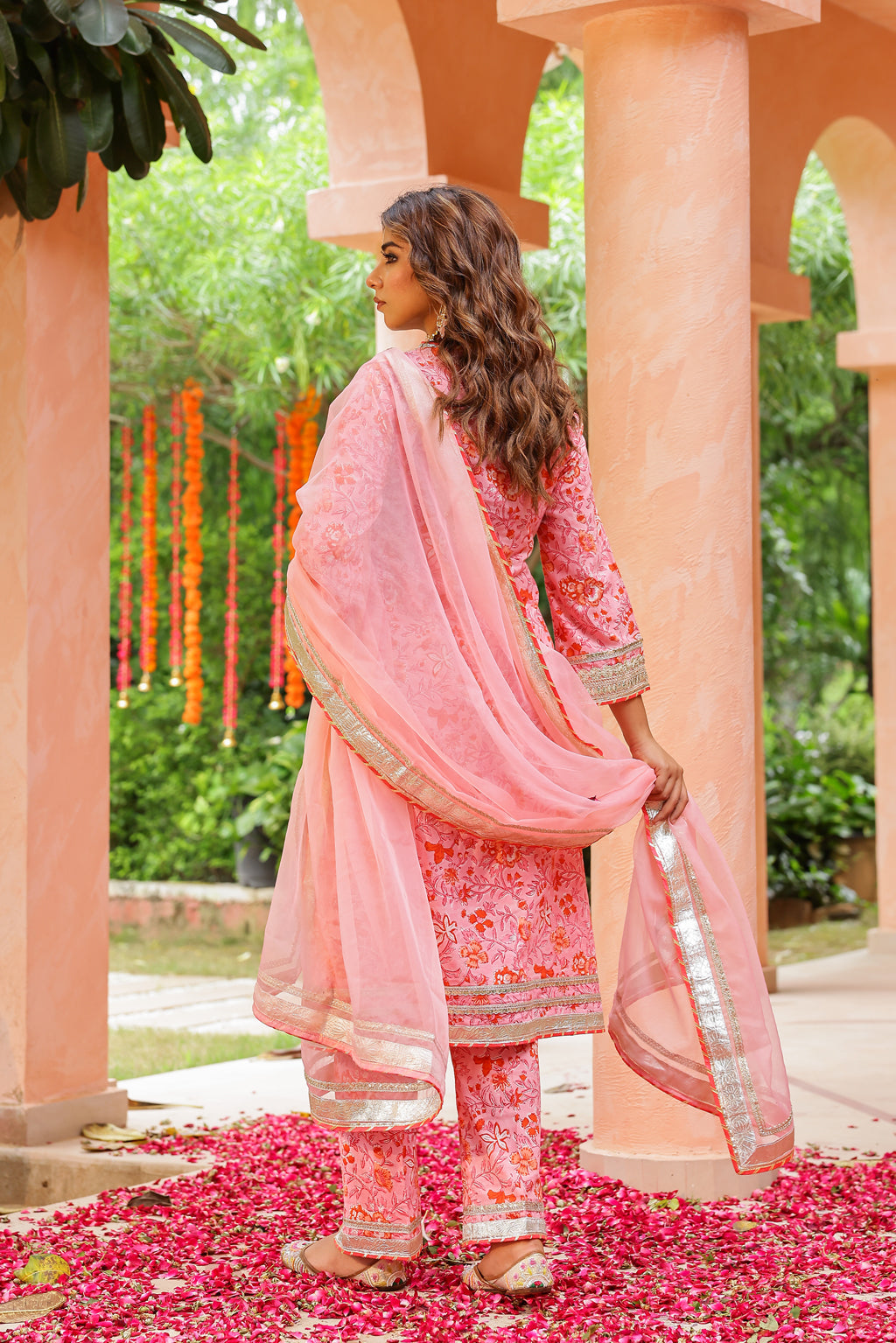 Powder Pink Festive Gota Handblock Cotton Suit Set with Dupatta