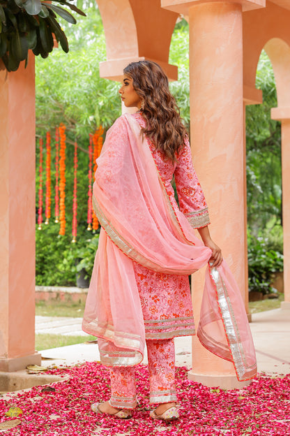 Powder Pink Festive Gota Handblock Cotton Suit Set with Dupatta