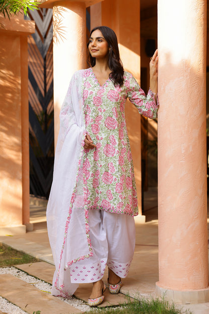 Pink Rose Cotton Handblock Embroidered Kurta Set with Dupatta