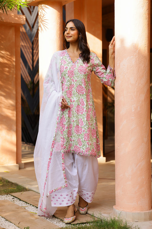 Pink Rose Cotton Handblock Embroidered Kurta Set with Dupatta