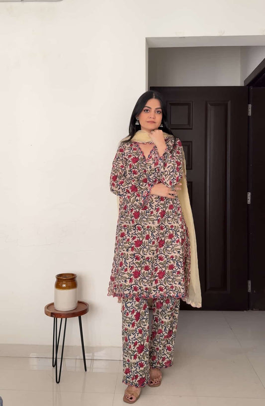 Cream Pink Floral Cotton Handblock Embroidered Kurta Set with Dupatta