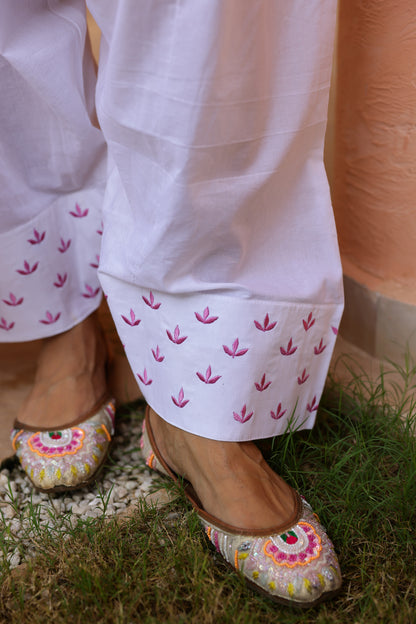 Pink Rose Cotton Handblock Embroidered Kurta Set with Dupatta