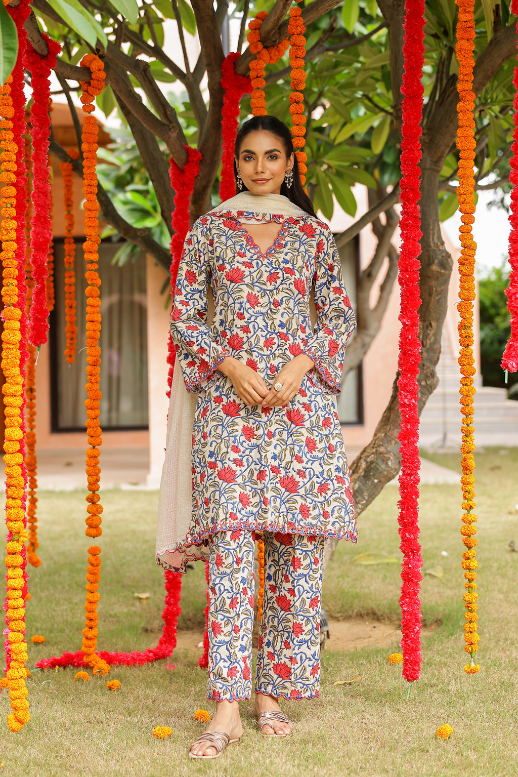 Cream Pink Floral Cotton Handblock Embroidered Kurta Set with Dupatta