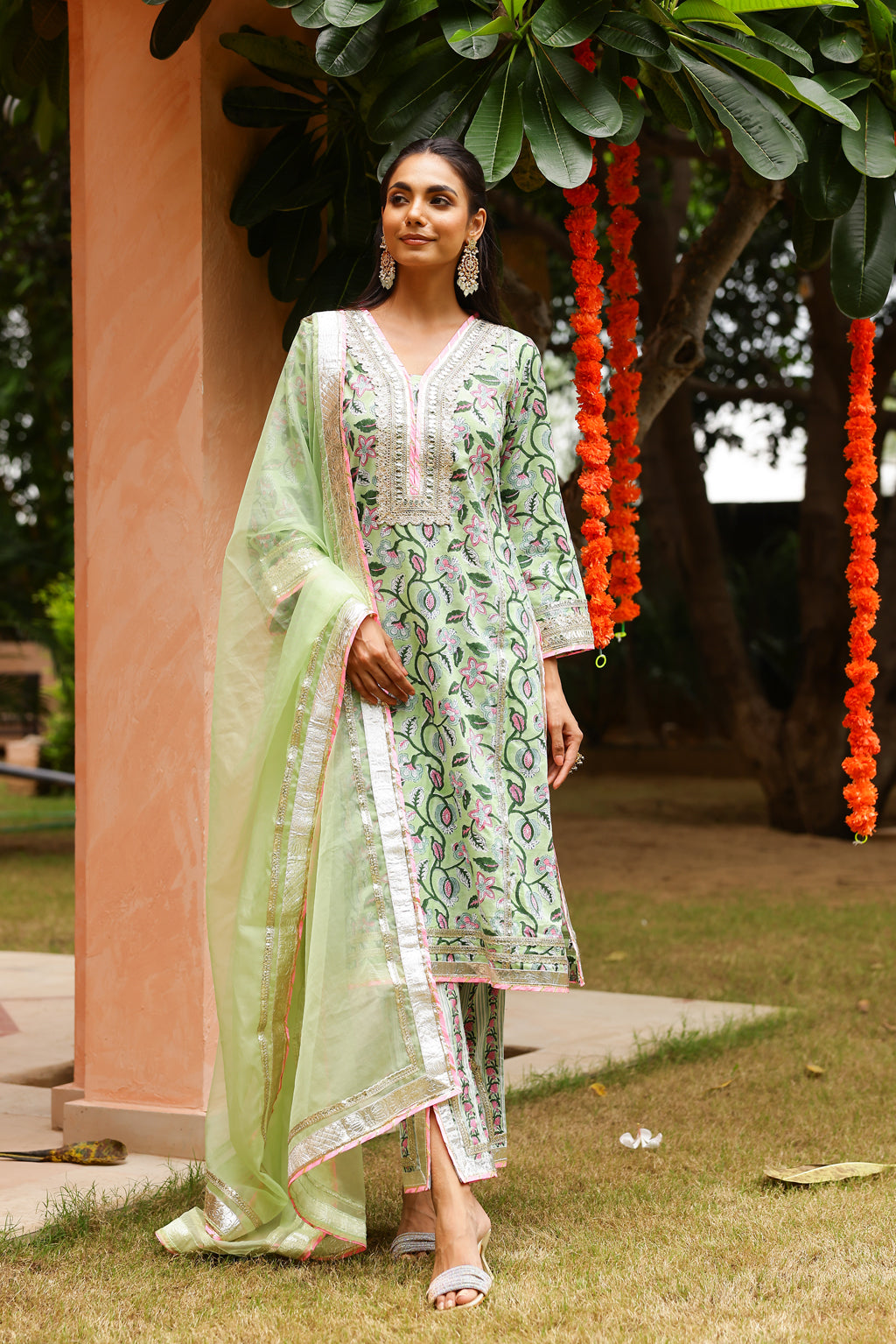 Mint Green Floral Festive Gota Handblock Cotton Suit Set with Dupatta