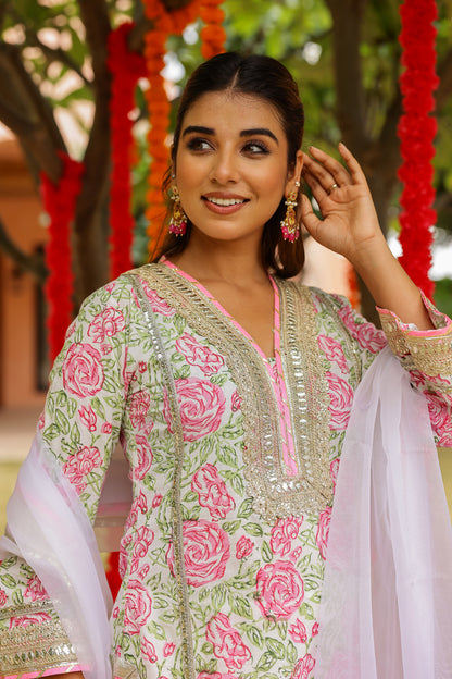 Blush Floral Elegance Gota Handblock Cotton Suit Set with Dupatta