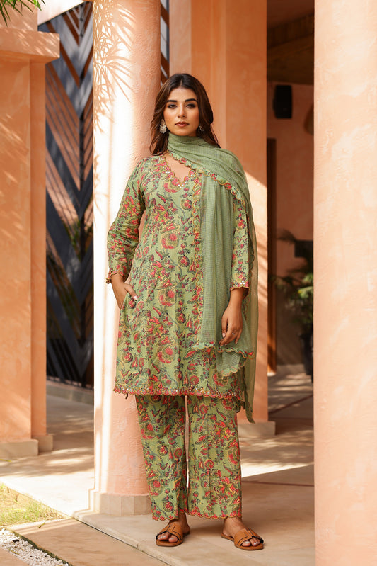 Sage Green Cotton Handblock Embroidered Kurta Set with Dupatta
