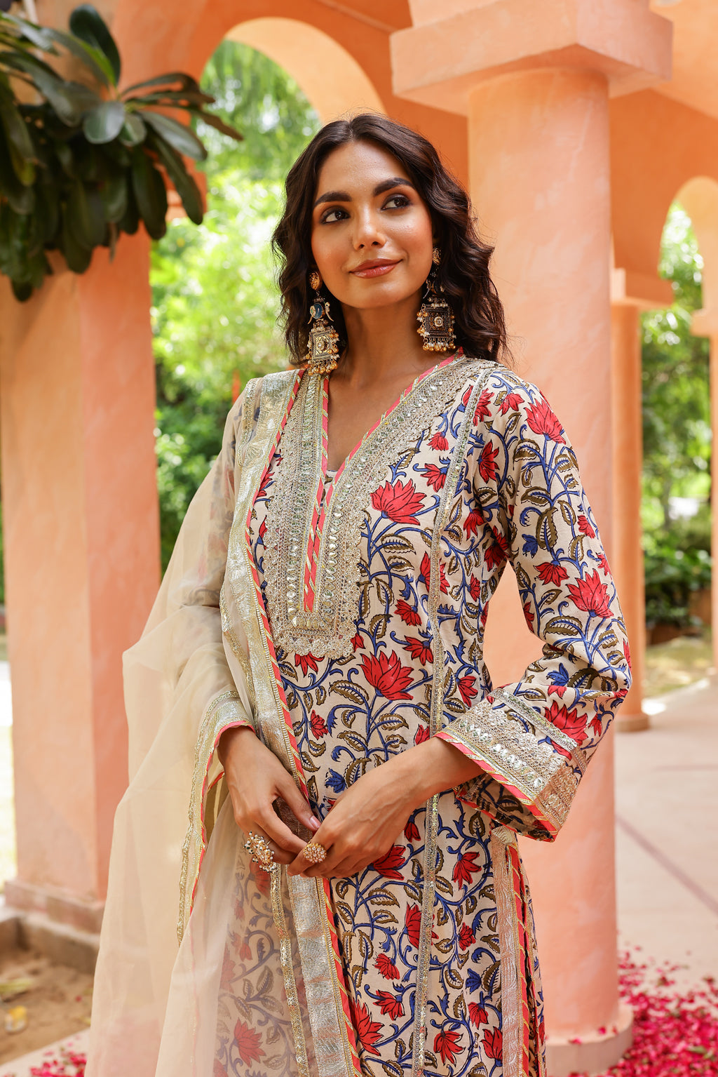 Cream Pink Bloom Elegance Gota Handblock Cotton Suit Set with Dupatta