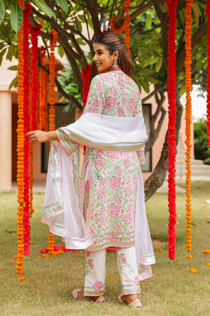 Blush Floral Elegance Gota Handblock Cotton Suit Set with Dupatta