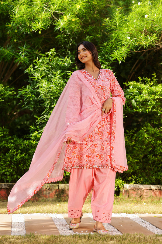Powder Pink Blossom Cotton Handblock Embroidered Kurta Set with Dupatta